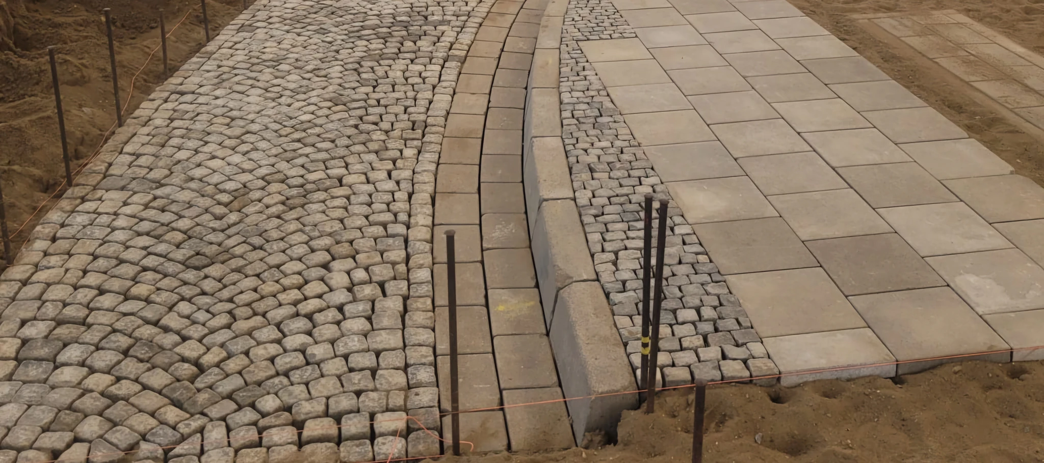 Professionelle GaLaBau-Baustelle mit Natursteinen und verlegten Rohren in einer Außenanlage.